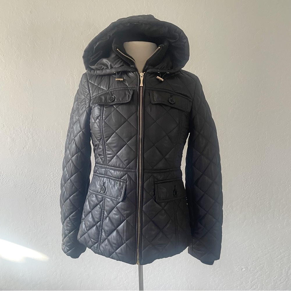 Kate Spade Quilted Hooded Double Front Zip Puffer Jacket Black | S